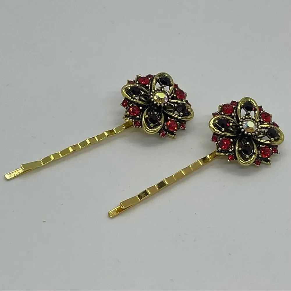 Handmade Red Brown Rhinestone Gold Set Hair Clips HoCo Wedding Fairy Jewelry NWT